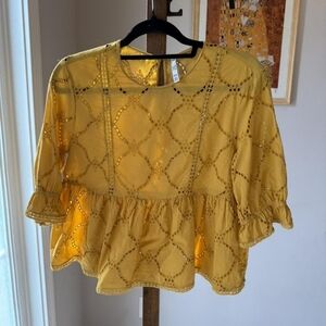Women's Eyelet Peplum Top - Mustard Yellow
